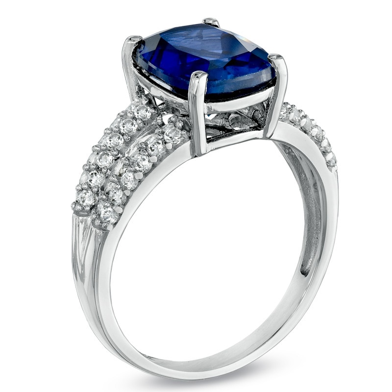 Main Image 2 of Cushion-Cut Lab-Created Blue and White Sapphire Split Shank Ring in 14K White Gold