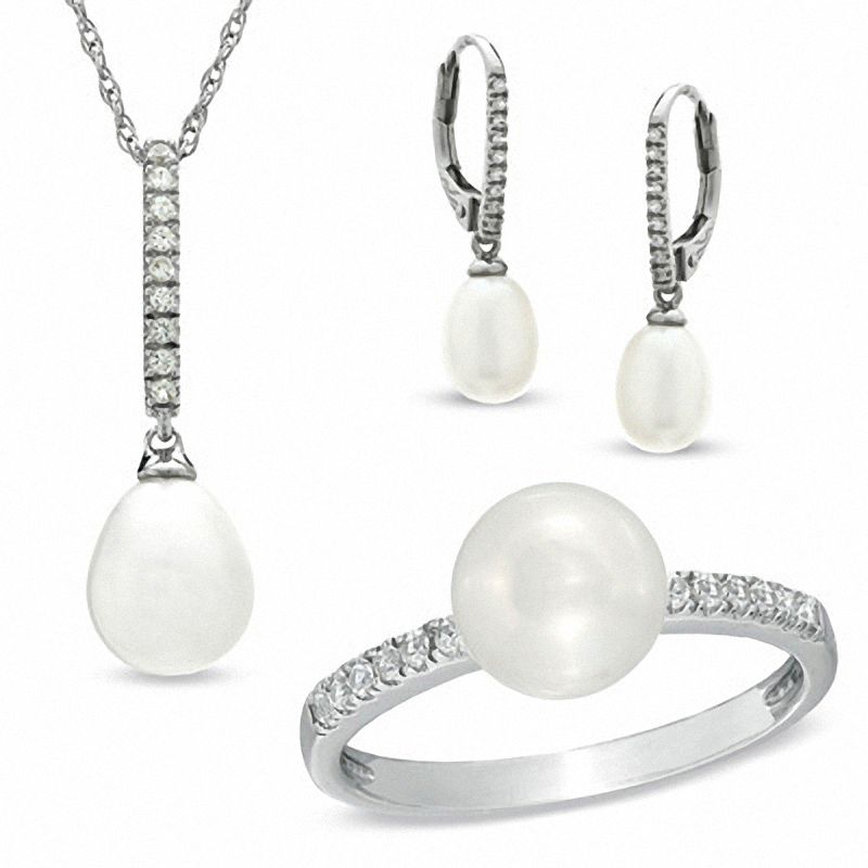 8.0 8.5mm Freshwater Cultured Pearl and Lab Created White Sapphire Jewerly Set in Sterling Silver Zales Outlet
