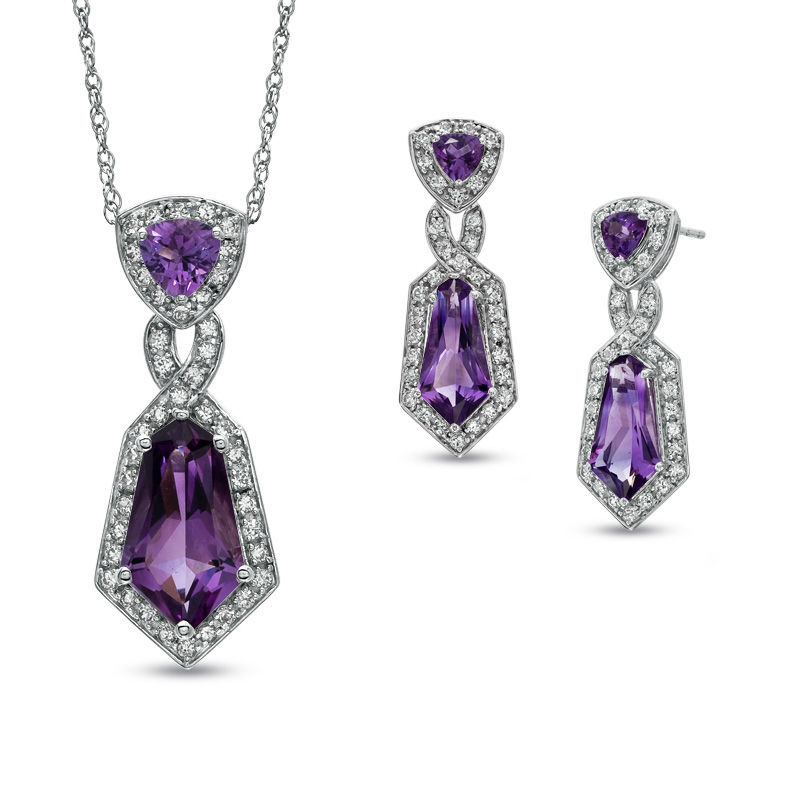 Main Image 1 of Amethyst and Lab-Created White Sapphire Pendant and Earring Set in Sterling Silver