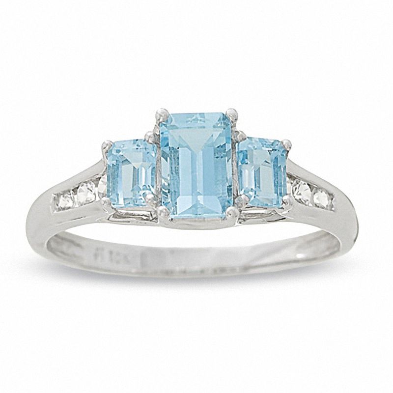 Emerald-Cut Aquamarine Three Stone and White Topaz Ring in 14K White Gold