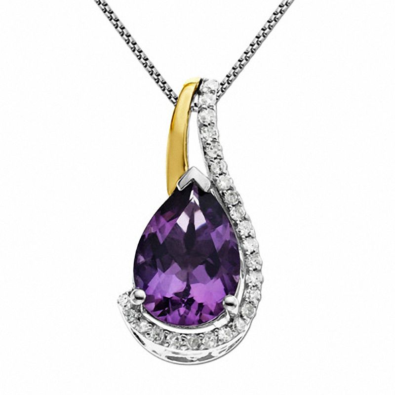 Main Image 1 of Pear-Shaped Amethyst and 1/10 CT. T.W. Diamond Pendant in Sterling Silver and 14K Gold Plate