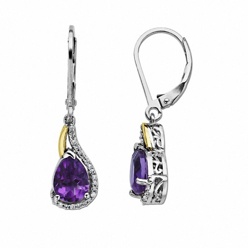 Amethyst and 1/8 CT. T.W. Diamond Drop Earrings in Sterling Silver and 14K Gold Plate