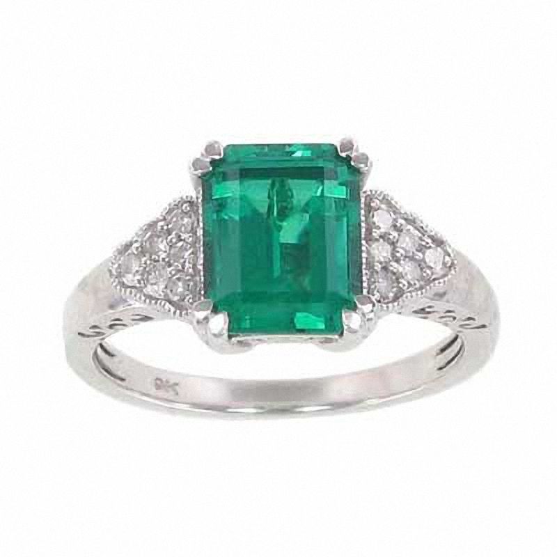 Emerald-Cut Lab-Created Emerald and Diamond Accent Ring in 14K White Gold