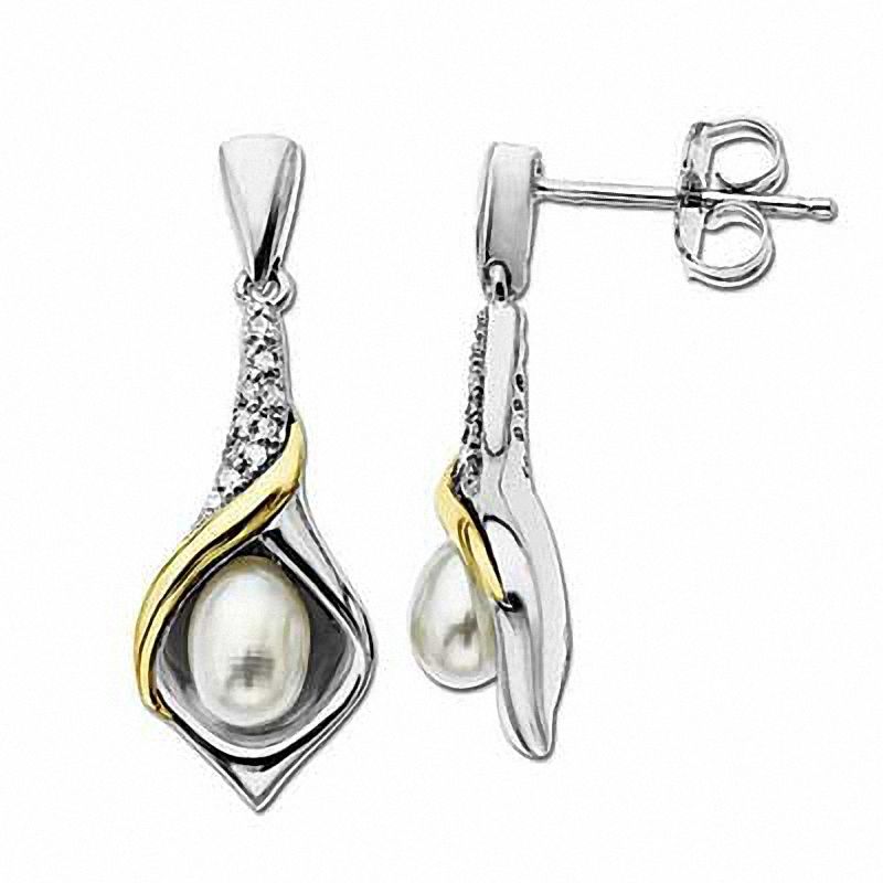 4.0 x 6.0mm Cultured Freshwater Pearl and Diamond Accent Calla Lily Drop Earrings in Sterling Silver and 14K Gold