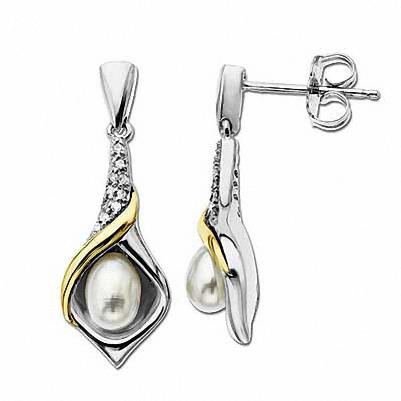 Main Image 1 of 4 x 6.0mm Freshwater Cultured Pearl and Diamond Accent Calla Lily Drop Earrings in Sterling Silver and 14K Gold
