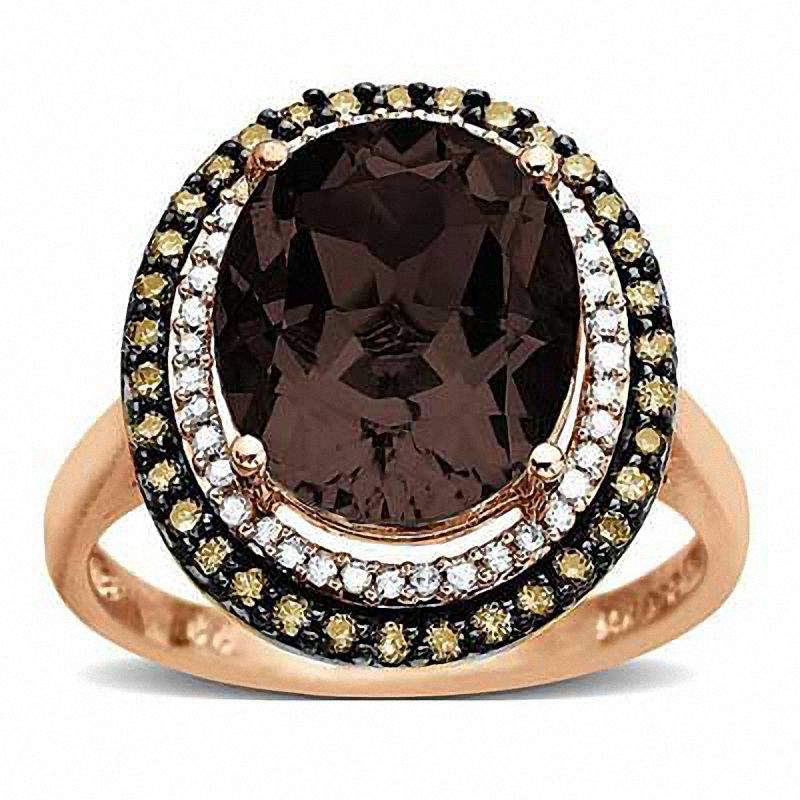 Oval Smoky Quartz and 1/3 CT. T.W. Enhanced Champagne and White Diamond Ring in 14K Rose Gold