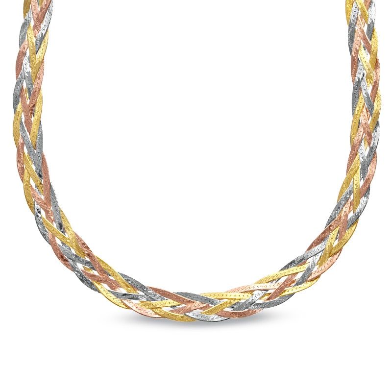 Main Image 1 of 7.0mm Braided Herringbone Chain Necklace in 10K Tri-Tone Gold - 17"