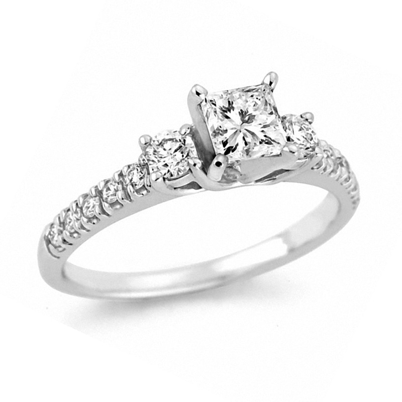 Main Image 1 of 1/2 CT. T.W. Certified Princess-Cut Diamond Three Stone Engagement Ring in 14K White Gold (I/SI2)