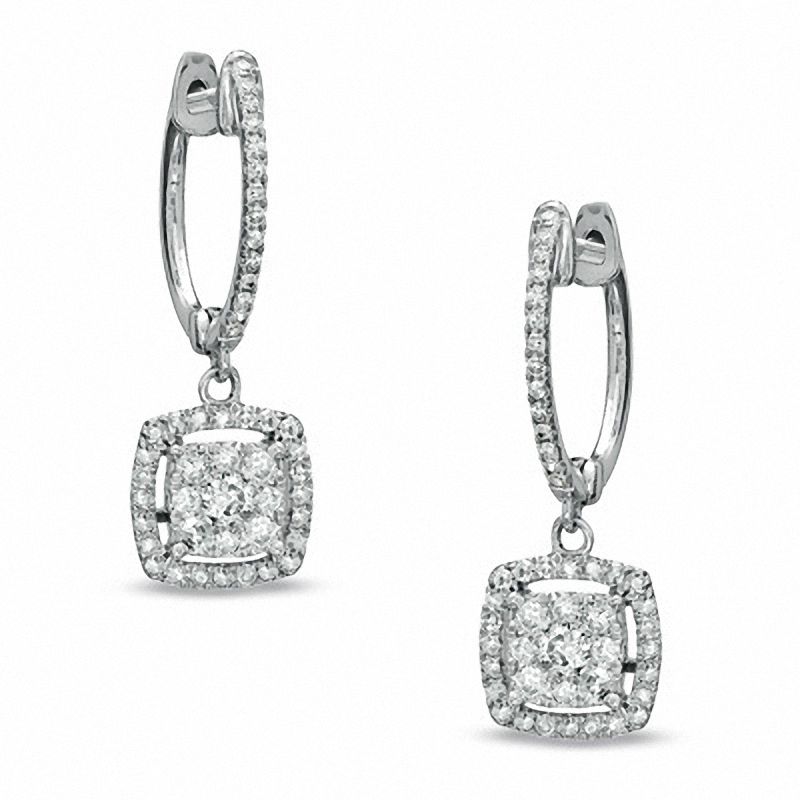 Main Image 1 of 1/2 CT. T.W. Diamond Square Cluster Drop Earrings in 10K White Gold