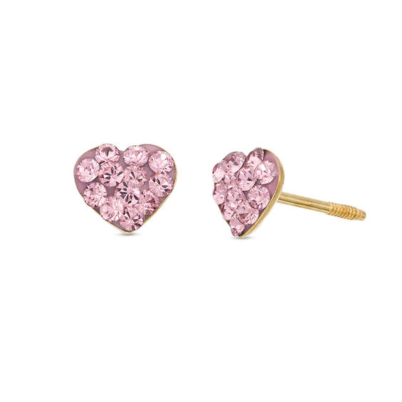 Child's Pink Crystal Heart Stud Earrings In 14K Gold