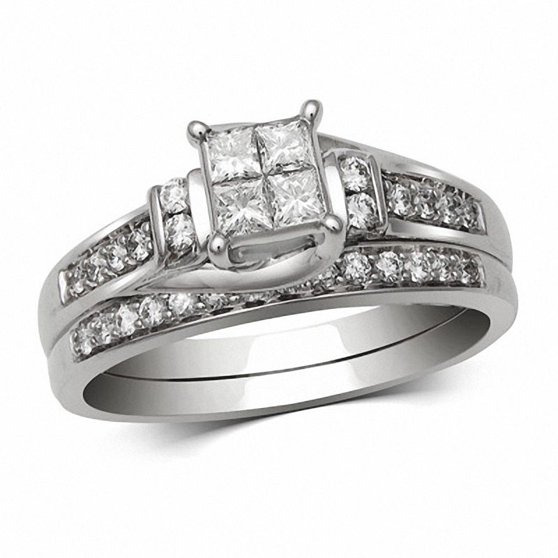 Main Image 1 of 1/2 CT. T.W. Quad Diamond Three Stone Bridal Set in 14K White Gold