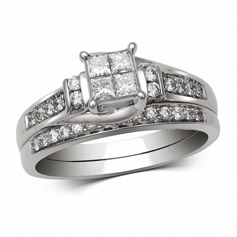 1/2 CT. T.W. Quad Diamond Three Stone Bridal Set in 14K White Gold