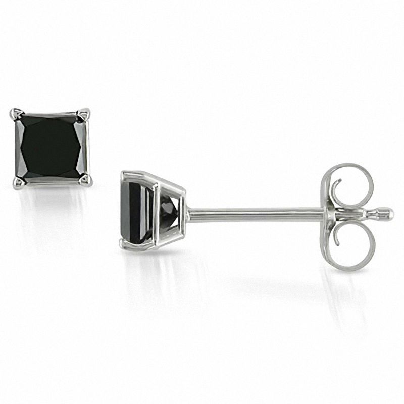 Main Image 1 of 1/2 CT. T.W. Enhanced Black Princess-Cut Diamond Solitaire Stud Earrings in 10K White Gold