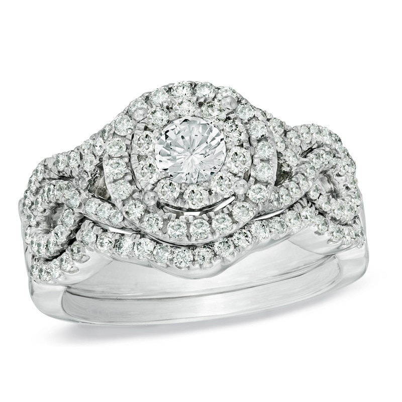 Main Image 1 of 1-1/5 CT. T.W. Multi-Diamond Frame Bridal Set in 14K White Gold