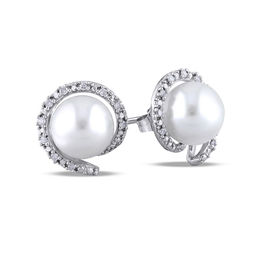 8.0 - 8.5mm Cultured Freshwater Pearl and 1/10 CT. T.W. Diamond Frame Stud Earrings in 10K White Gold