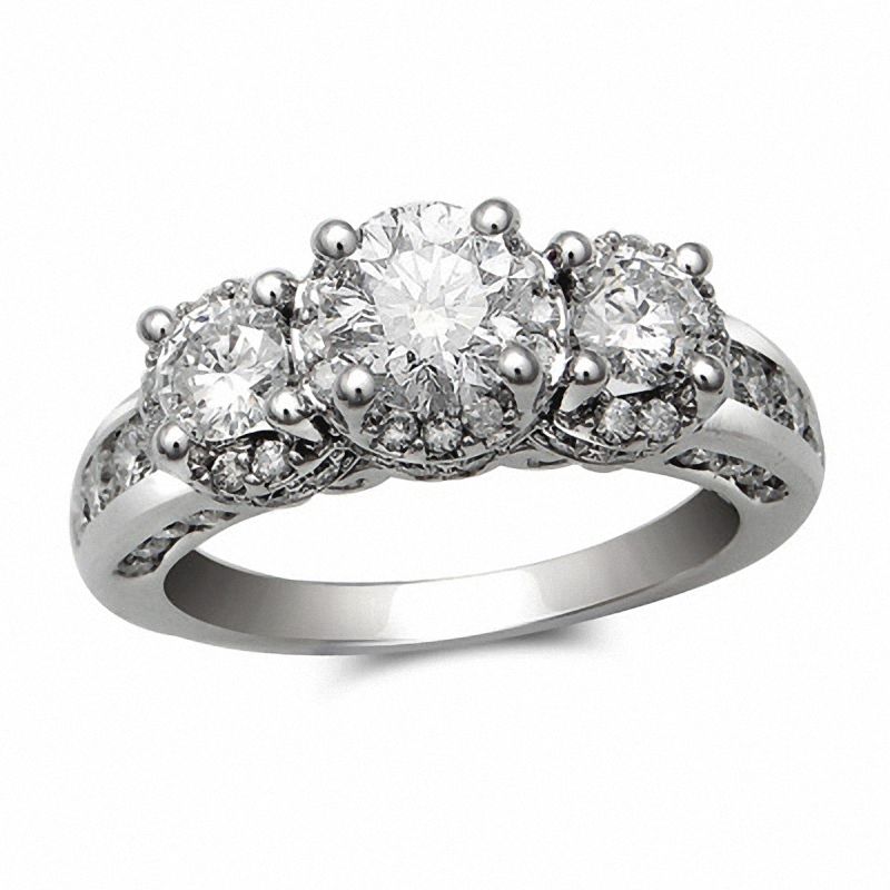 2 CT. T.W. Certified Diamond Three Stone Framed Ring in 14K White Gold