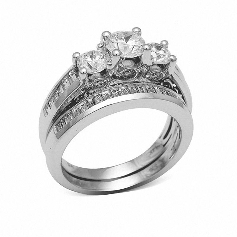2 CT. T.W. Certified Diamond Three Stone Bridal Set in 14K White Gold