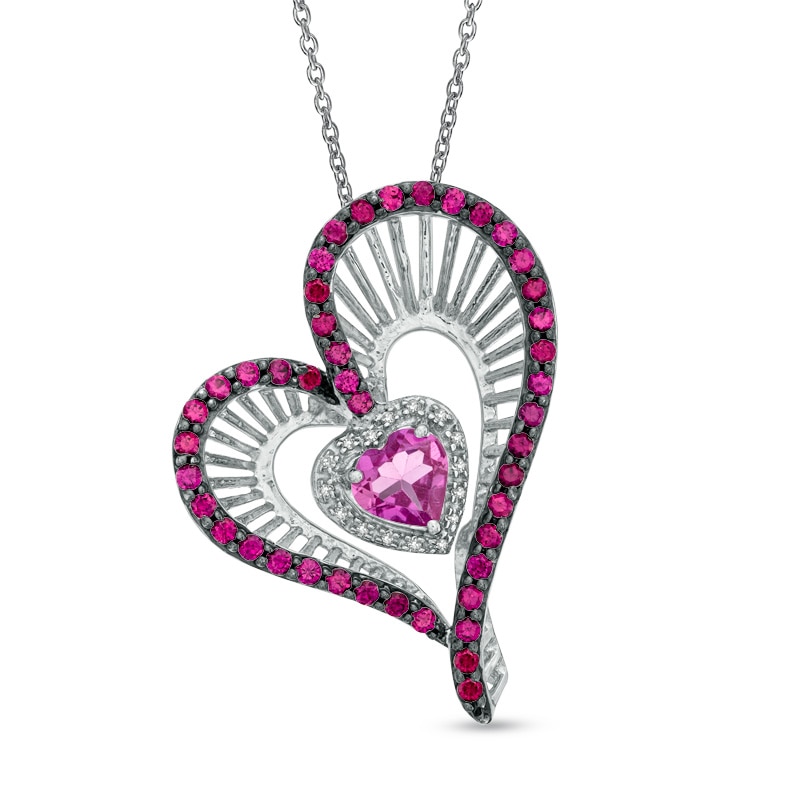 Heart-Shaped Lab-Created Pink Sapphire, Ruby and Diamond Accent Heart Pendant in Sterling Silver