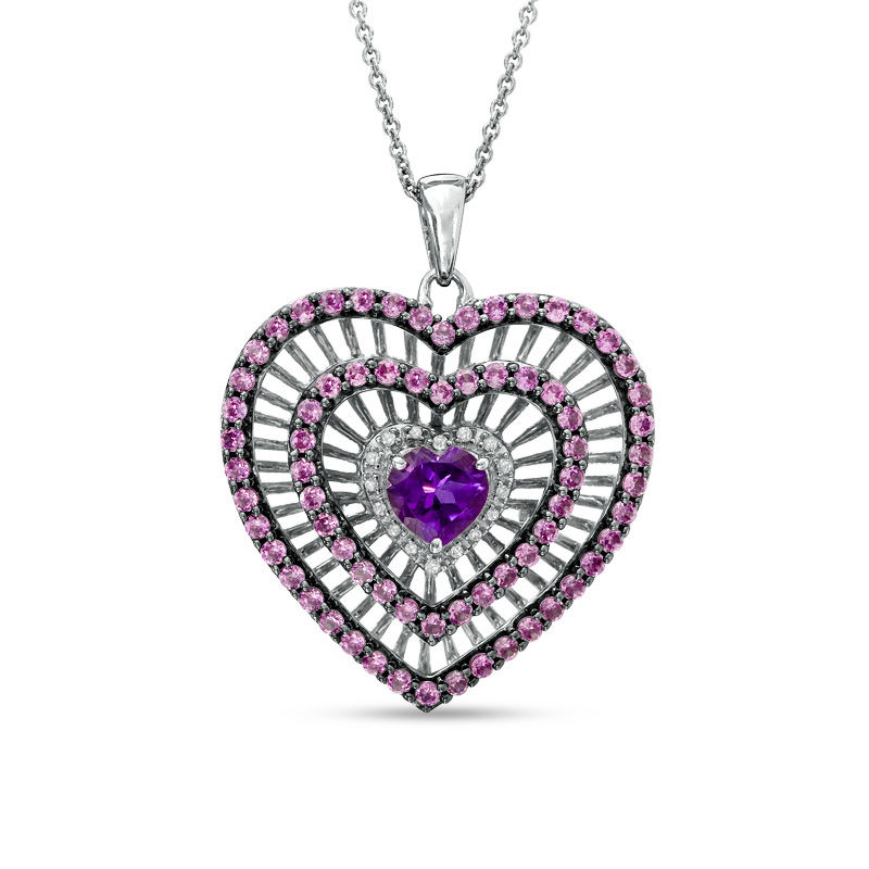 Heart-Shaped Amethyst, Lab-Created Pink Sapphire and Diamond Accent Heart Pendant in Sterling Silver