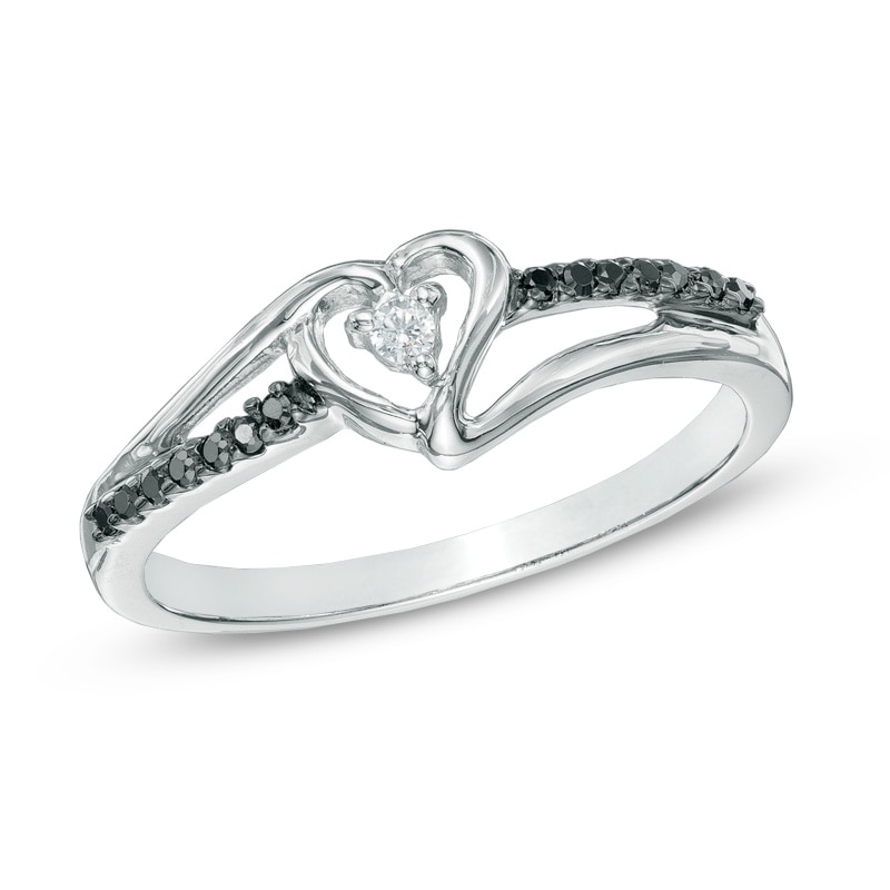 Main Image 1 of 1/15 CT. T.W. Enhanced Black and White Diamond Heart Split Shank Promise Ring in Sterling Silver