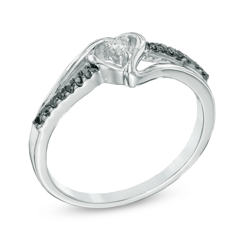 Main Image 2 of 1/15 CT. T.W. Enhanced Black and White Diamond Heart Split Shank Promise Ring in Sterling Silver