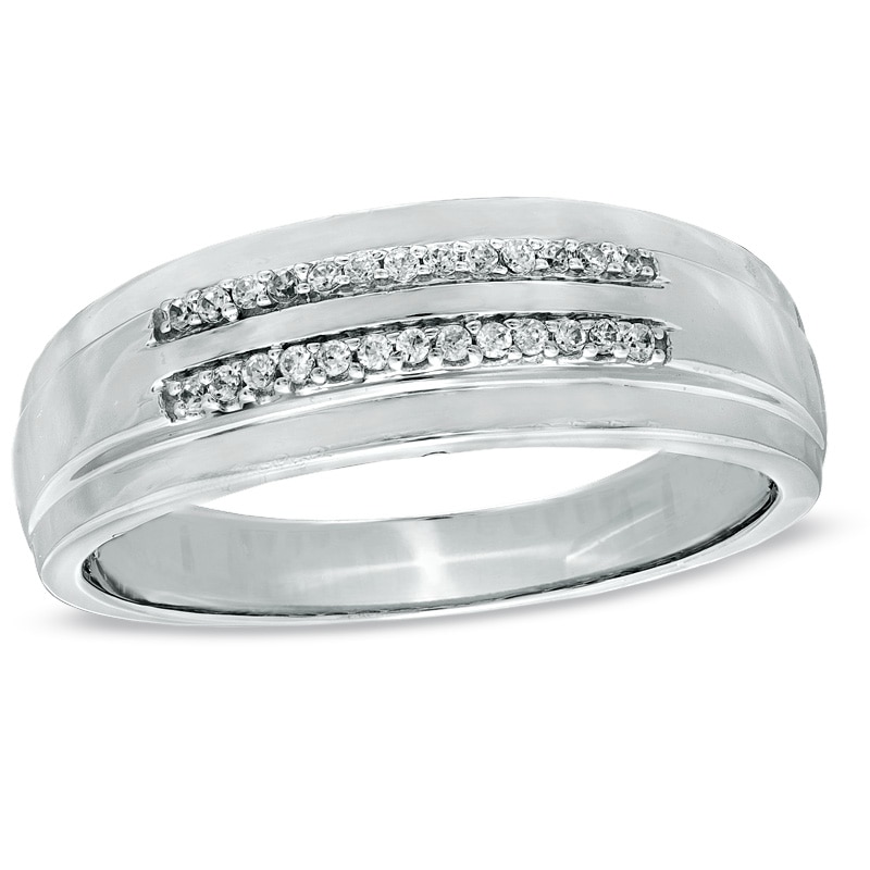 Main Image 1 of Men's 1/10 CT. T.W. Diamond Double Row Wedding Band in 10K White Gold
