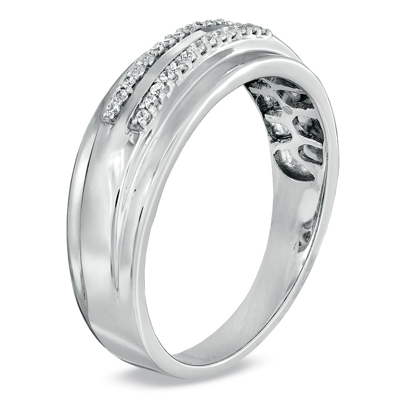 Main Image 2 of Men's 1/10 CT. T.W. Diamond Double Row Wedding Band in 10K White Gold