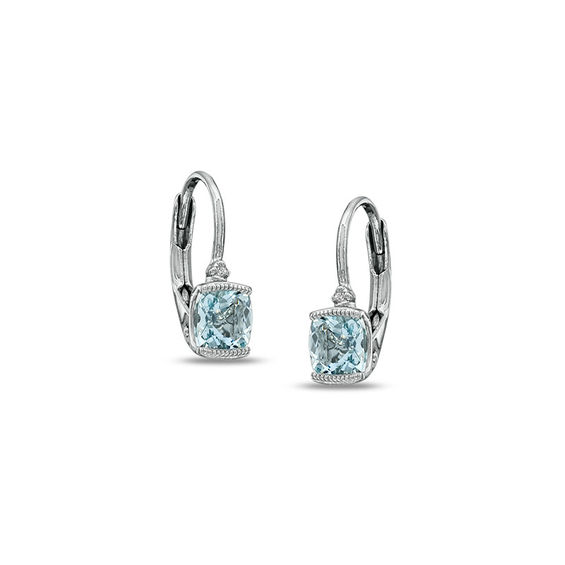 Cushion Cut Aquamarine And Diamond Accent Earrings In Sterling Cushion Cut Aquamarine And Diamond Accent Earrings In Sterling Silver