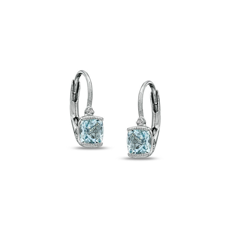 Main Image 1 of Cushion-Cut Aquamarine and Diamond Accent Earrings in Sterling Silver