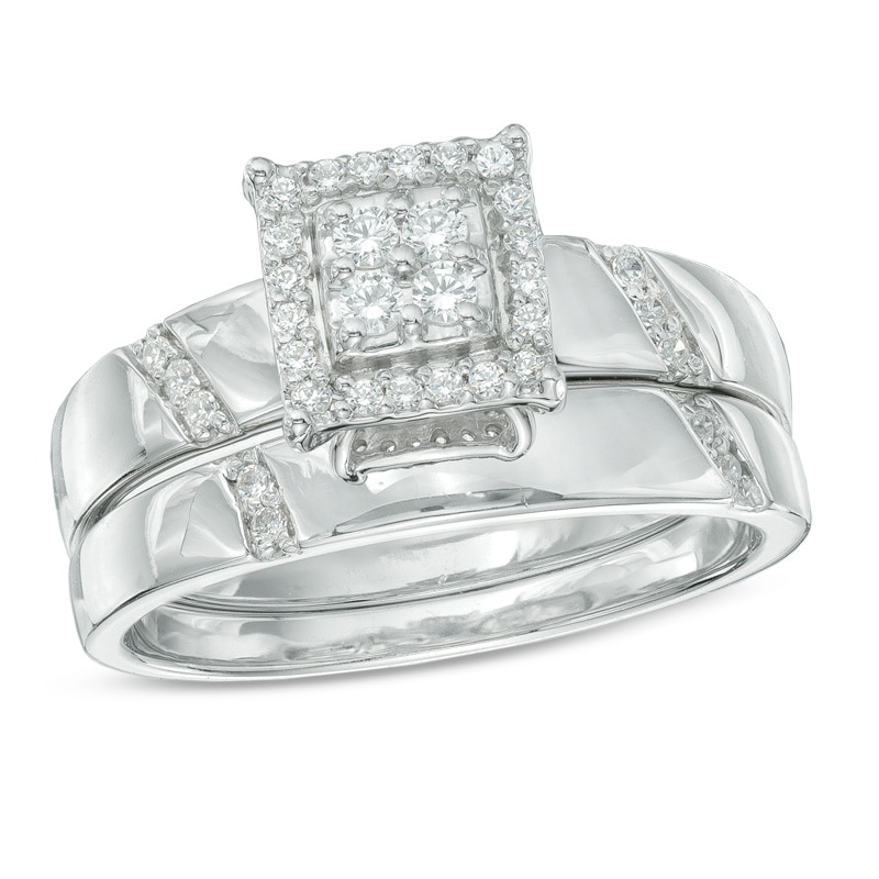 1/5 CT. T.W. Multi-Diamond Square Frame Bridal Set in 10K White Gold