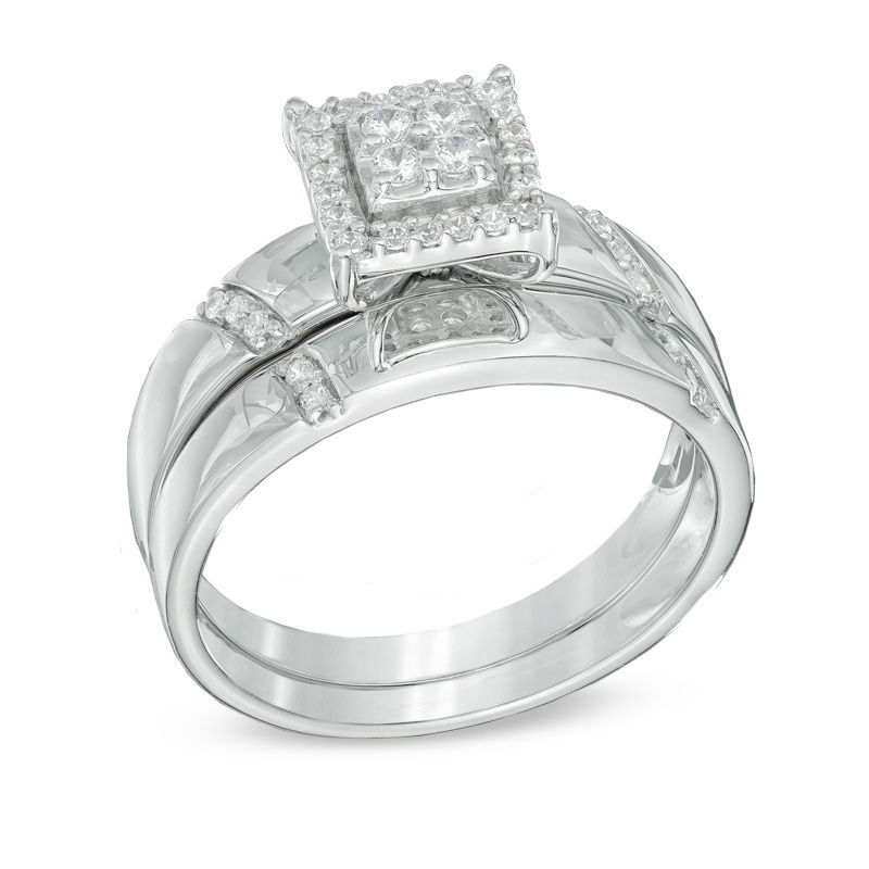 1/5 CT. T.W. Multi-Diamond Square Frame Bridal Set in 10K White Gold