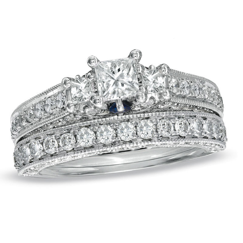 Three Stone Wedding Bridal Ring Set 2 Ct Round Cut Diamond 14k White Gold Finish 