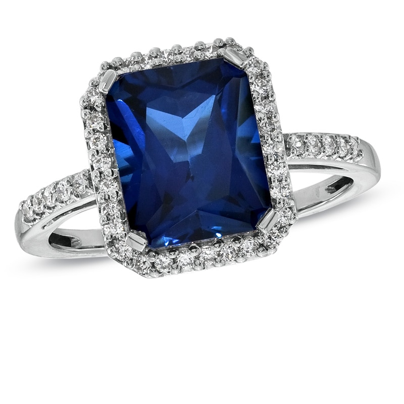 Emerald-Cut Lab-Created Blue and White Sapphire Ring in Sterling Silver