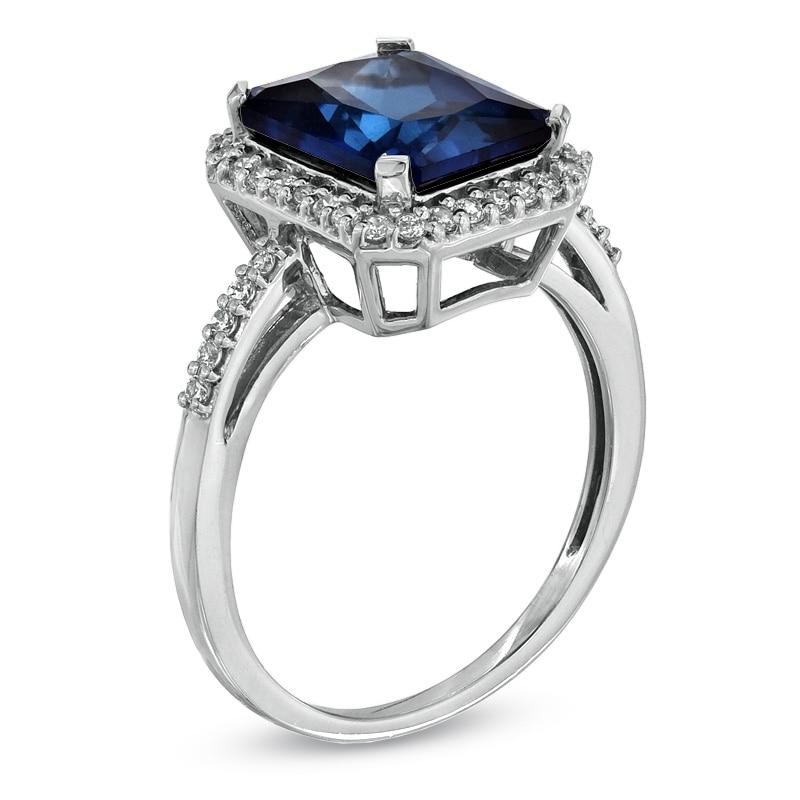 Main Image 2 of Emerald-Cut Lab-Created Blue and White Sapphire Ring in Sterling Silver