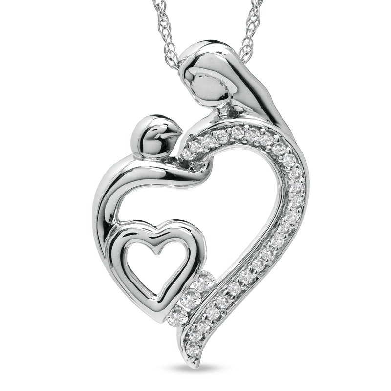 Main Image 1 of 1/8 CT. T.W. Diamond Motherly Love Double Heart Pendant in Sterling Silver
