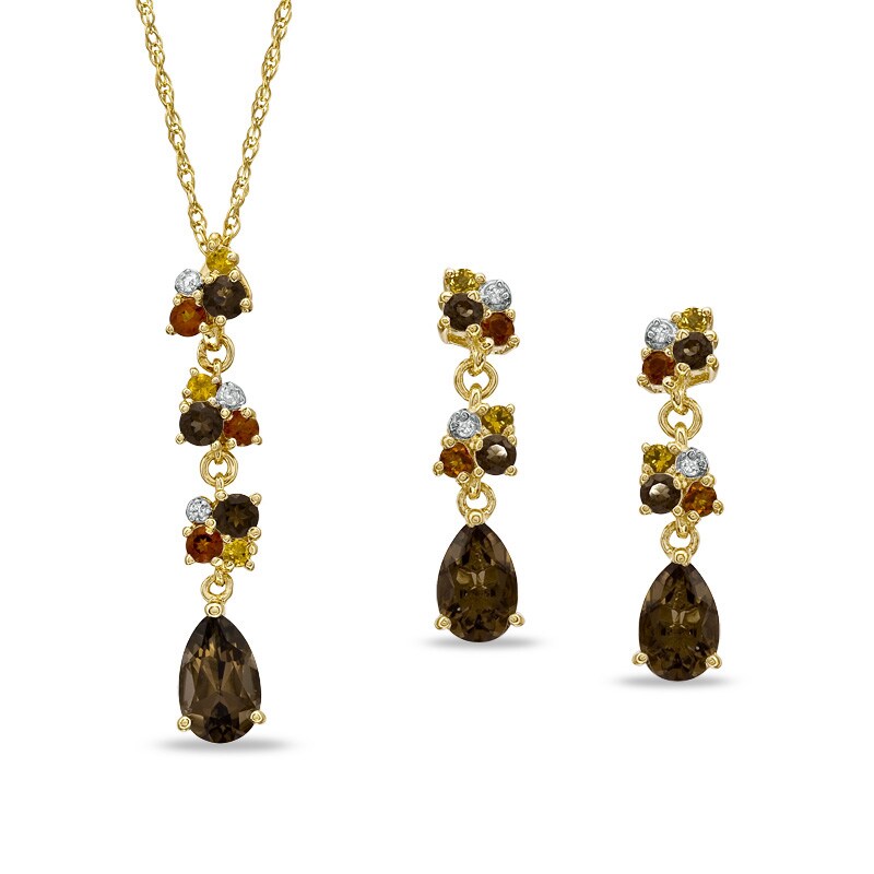 Main Image 1 of Smoky Quartz, Citrine and Diamond Accent Pendant and Earrings Set in Sterling Silver with 14K Gold Plate