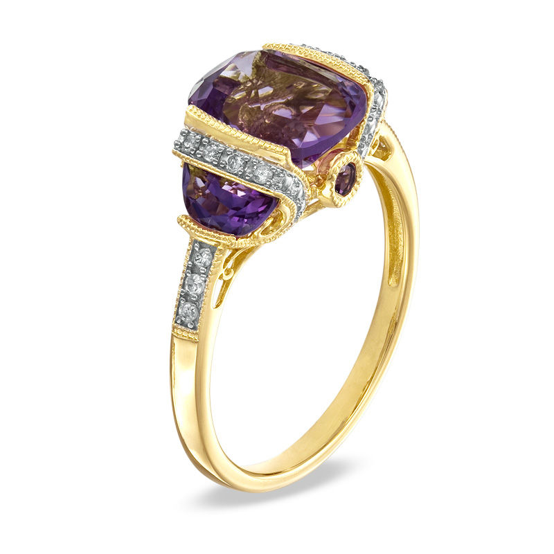 Cushion-Cut Amethyst and Diamond Accent Ring in Sterling Silver with 14K Gold Plate