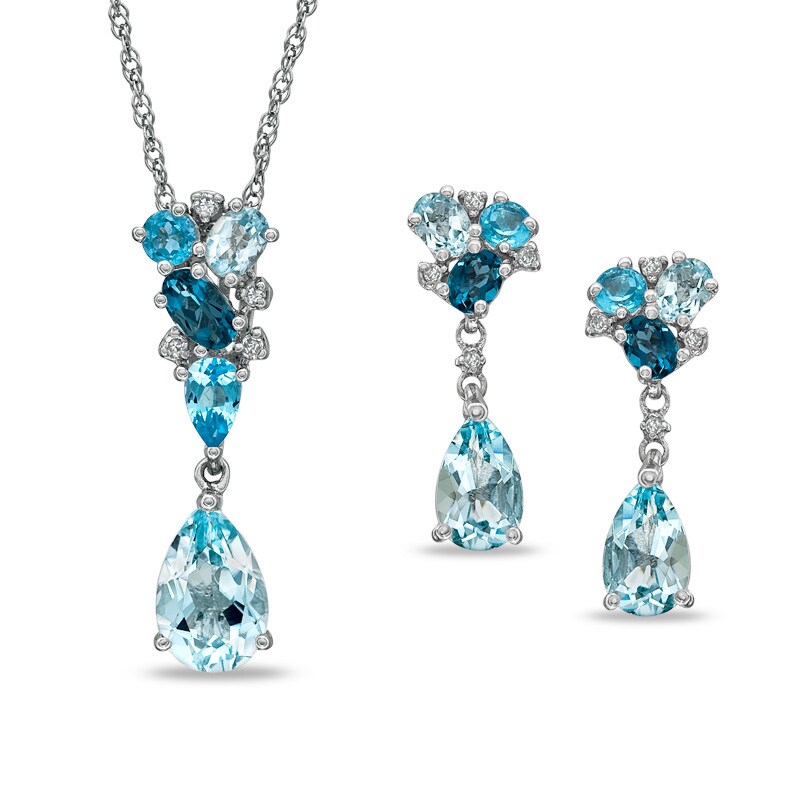 Main Image 1 of Blue Topaz and Diamond Accent Pendant and Earrings Set in Sterling Silver