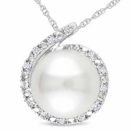 8.0 - 8.5mm Cultured Freshwater Pearl and Diamond Accent Pendant in 10K White Gold - 17&quot;