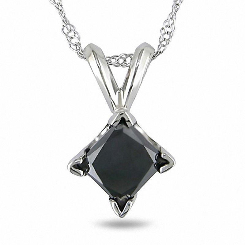 1 CT. Enhanced Black Princess-Cut Diamond Solitaire Pendant in 10K White Gold - 17"