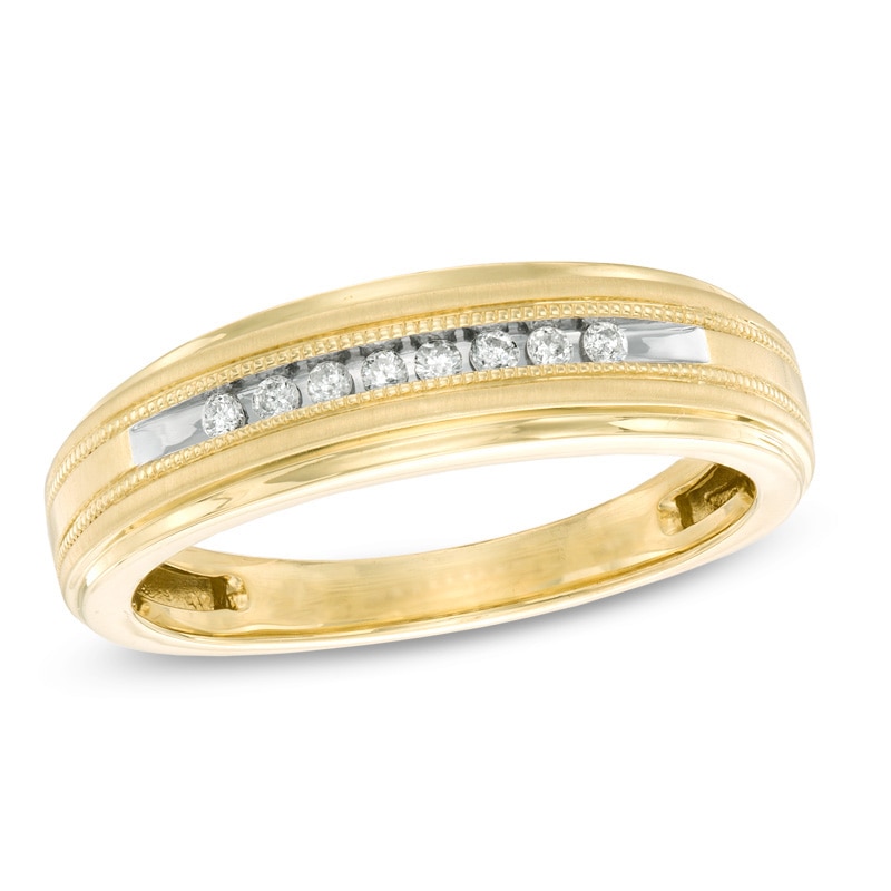 Main Image 1 of Men's 1/10 CT. T.W. Diamond Milgrain Wedding Band in 10K Gold