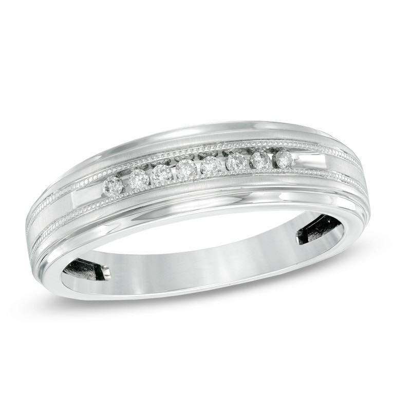 Main Image 1 of Men's 1/10 CT. T.W. Diamond Milgrain Wedding Band in 10K White Gold