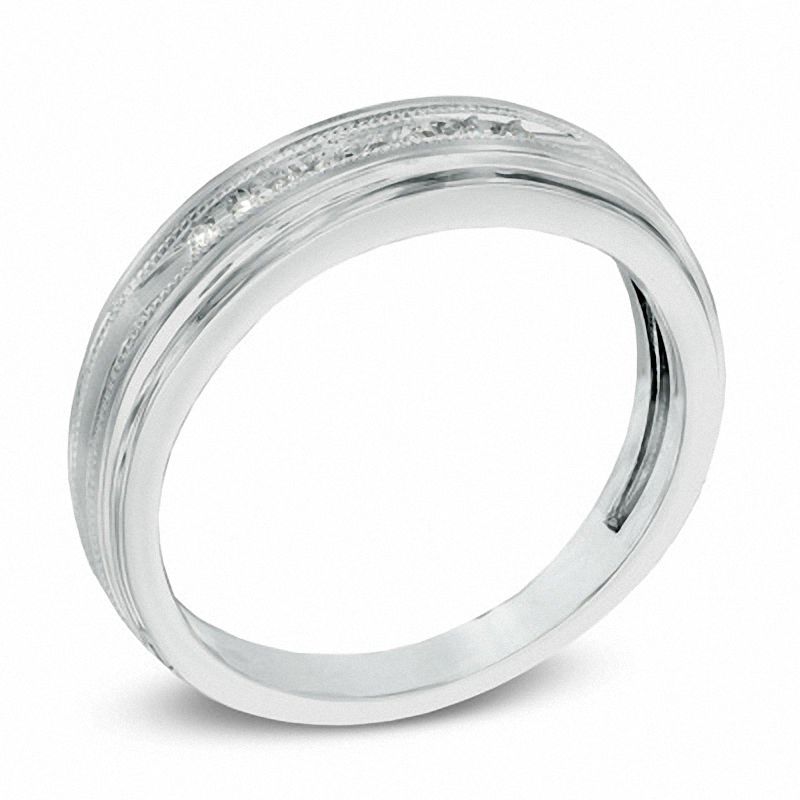 Main Image 2 of Men's 1/10 CT. T.W. Diamond Milgrain Wedding Band in 10K White Gold
