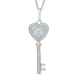 1/8 CT. T.W. Diamond Heart Top Key Pendant in Sterling Silver and 10K Rose Gold