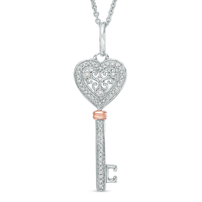 1/8 CT. T.W. Diamond Heart Top Key Pendant in Sterling Silver and 10K Rose Gold