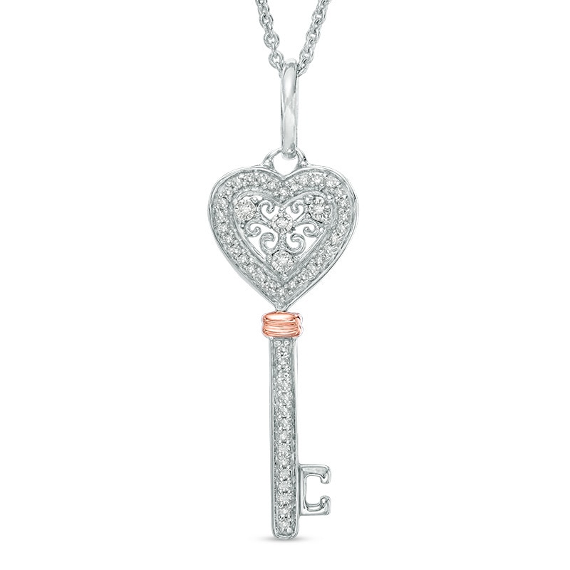 Main Image 1 of 1/8 CT. T.W. Diamond Heart Top Key Pendant in Sterling Silver and 10K Rose Gold