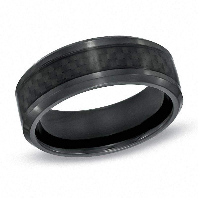 Men's 8.0mm Carbon Fiber Inlay Comfort Fit Black Titanium Wedding Band