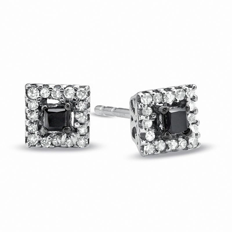Main Image 1 of 1/5 CT. T.W. Princess-Cut Black Diamond Frame Stud Earrings in 10K White Gold