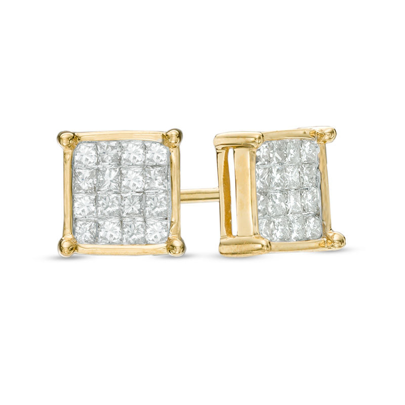 Jewel We Sell 1Carat Princess Cut Yellow Diamond Basket Stud Earrings 14k  White or Yellow Gold Prong Set I1