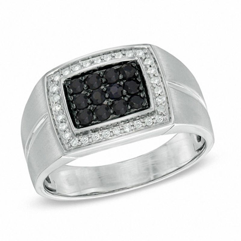 Main Image 1 of Men's Black Sapphire and 1/6 CT. T.W. Diamond Ring in Sterling Silver
